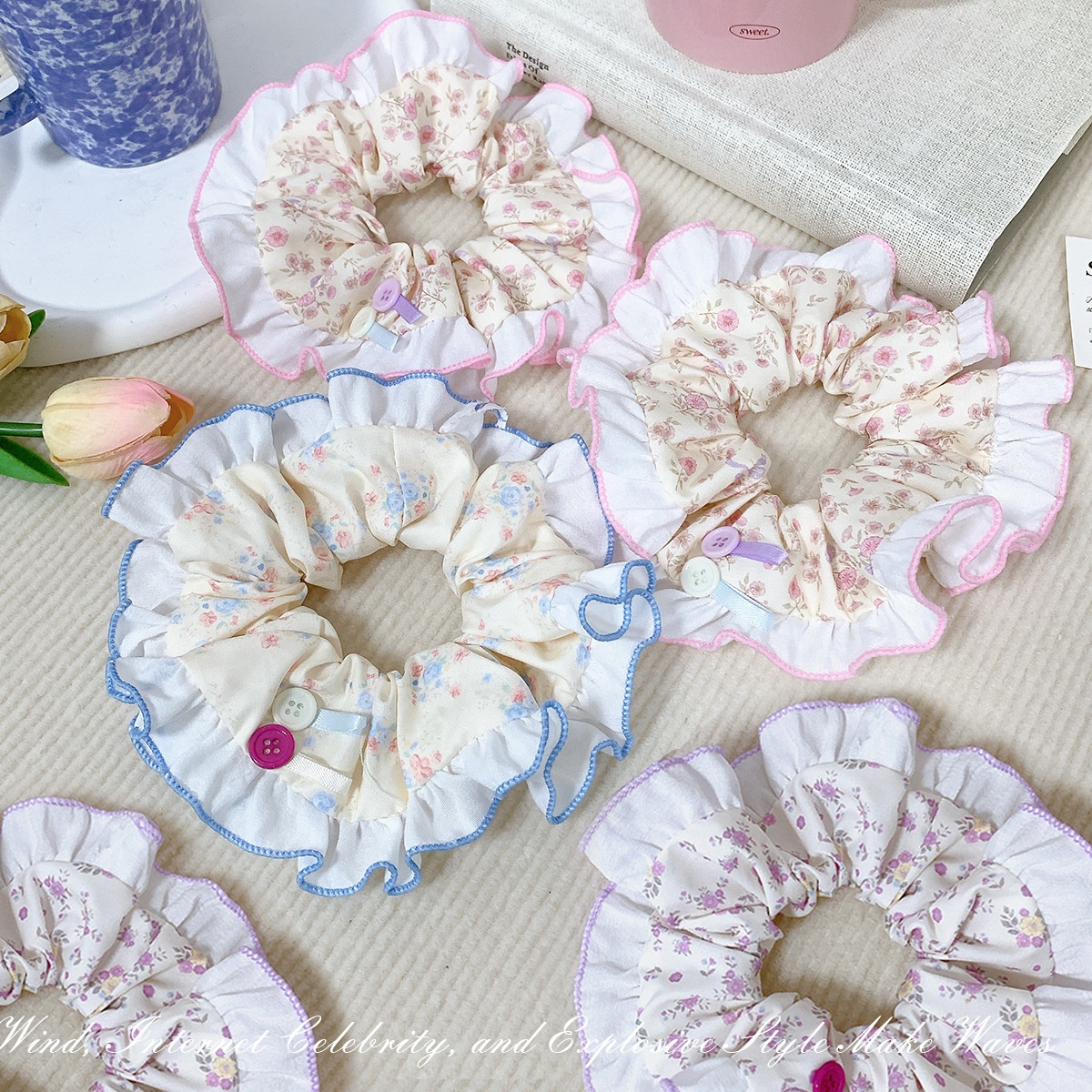 Women's Sweet Cloth Pleated Scrunchie Hair Tie Summer Floral Bow Pearl