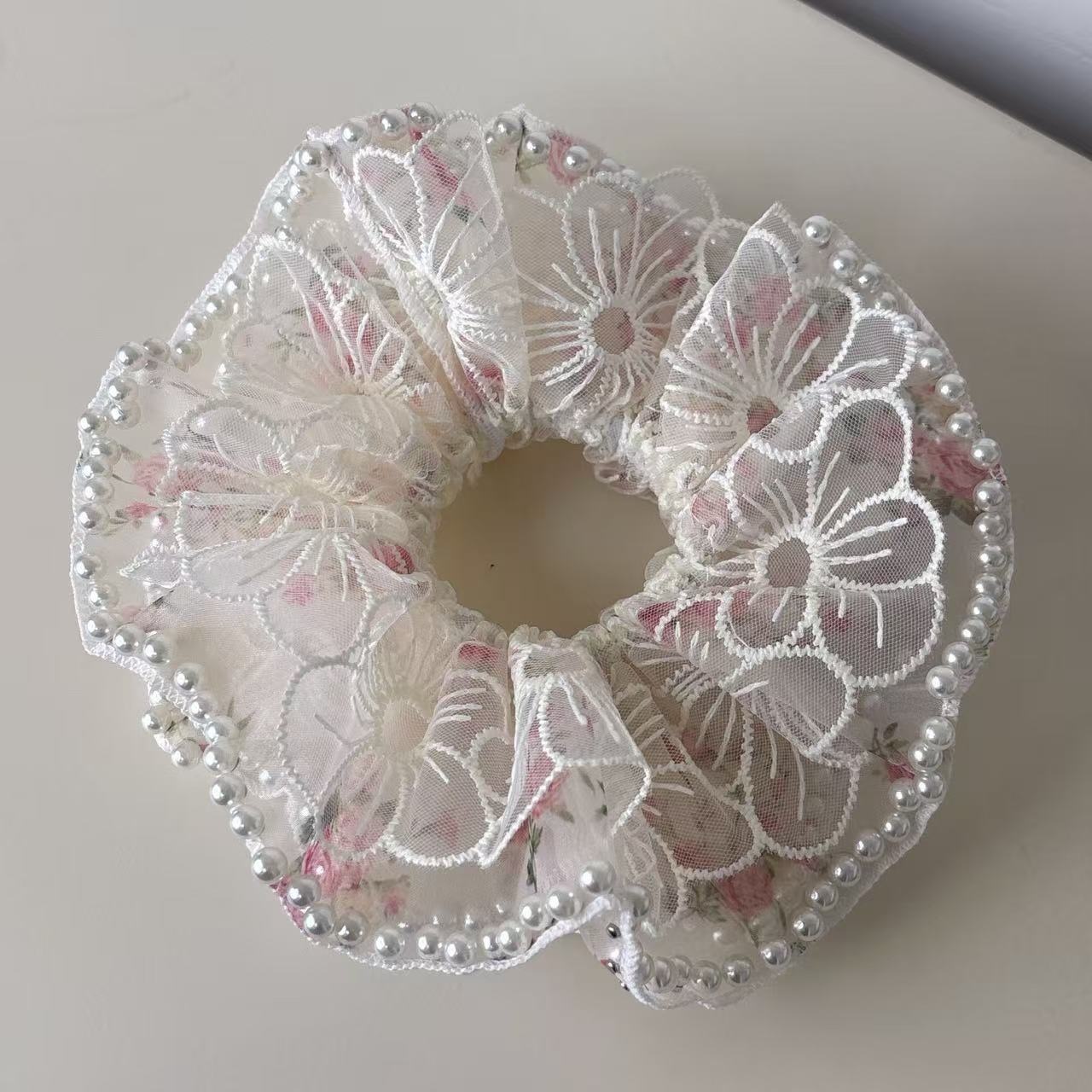 Women's Pearl Scrunchie Ponytail Tie Ditsy Floral Embroidered Lace