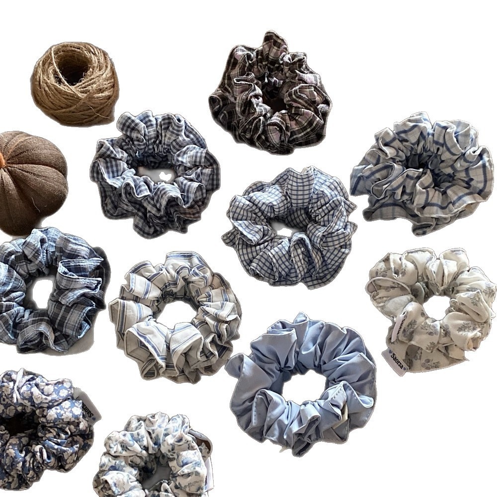 Women's Spring Summer Cloth Hair Rubber Band Scrunchie Blue Plaid