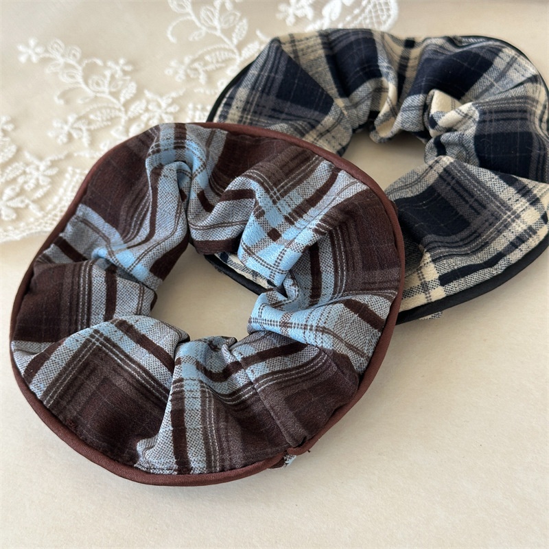 Women's Coffee Plaid & Blue Polka Dot Fabric Bun Headband Hair Tie