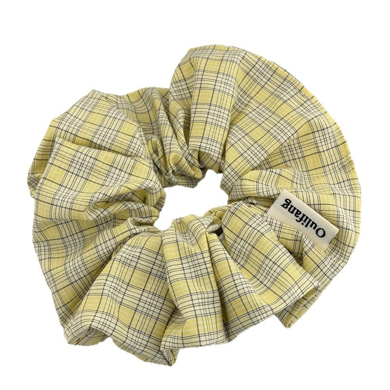 Women's Spring Korean Cloth Hair Tie Scrunchie Yellow & Green Plaid