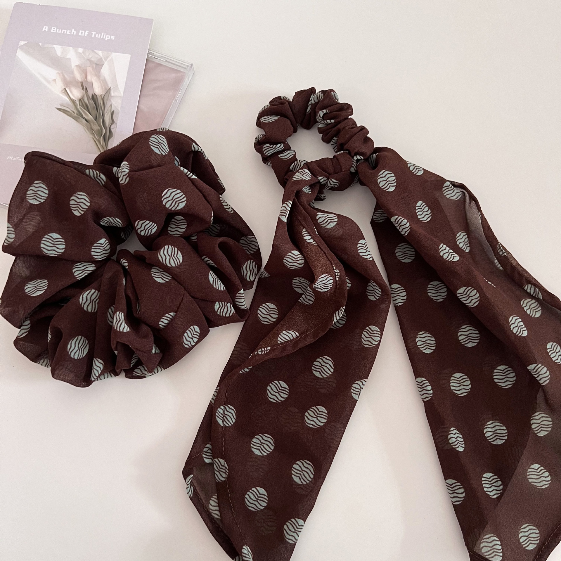 Women's Vintage Cloth Hair Tie For Ponytails Brown Polka Dot