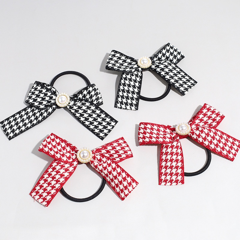 Women's Pearl Bow Cloth Hair Tie French Retro Houndstooth Plaid