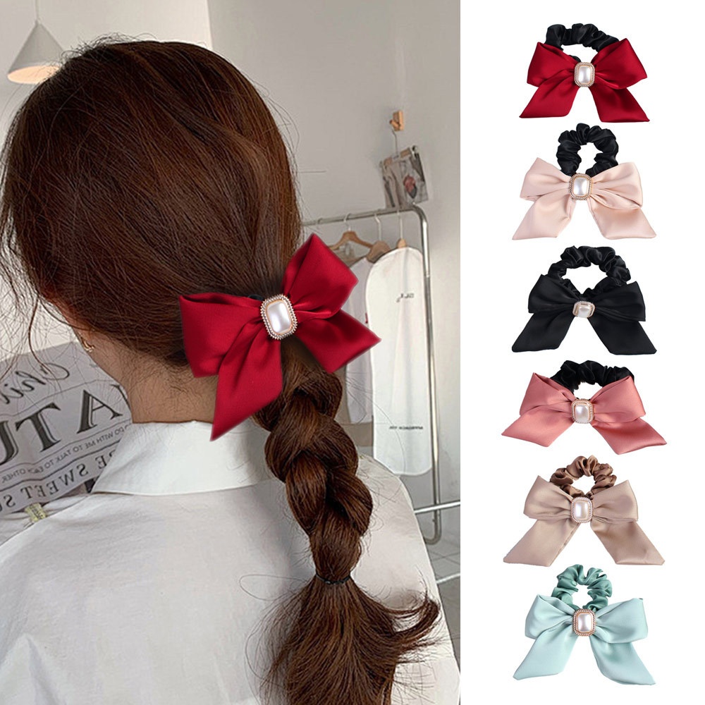 Women's Satin Pearl Bow Hair Tie, French Lolita Style Hair Accessory