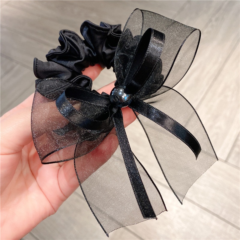 Women's Pearl Gauze Bow Hair Tie Elegant Low Ponytail Elastic Band Black Brown
