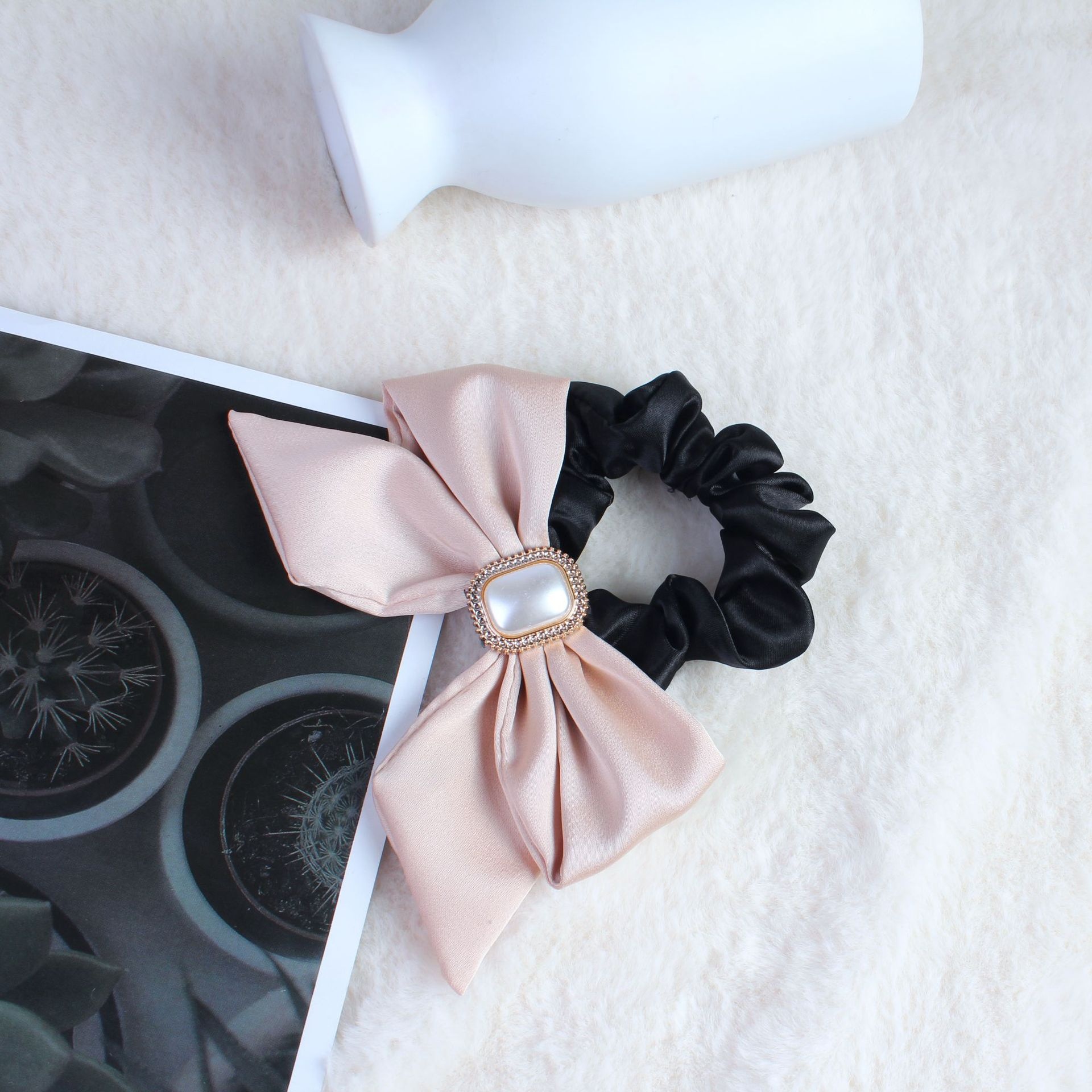 Women's Satin Pearl Bow Hair Tie, French Lolita Style Hair Accessory