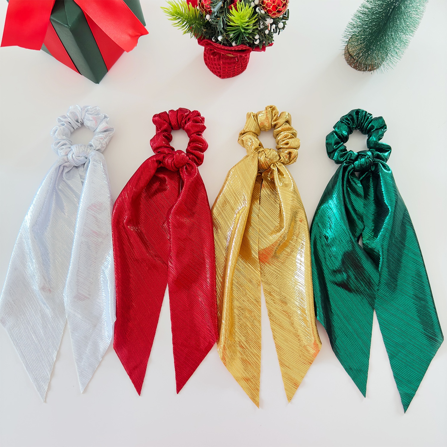 Female Christmas Long Sash Bowknot Hair Tie Shiny Thread Cloth