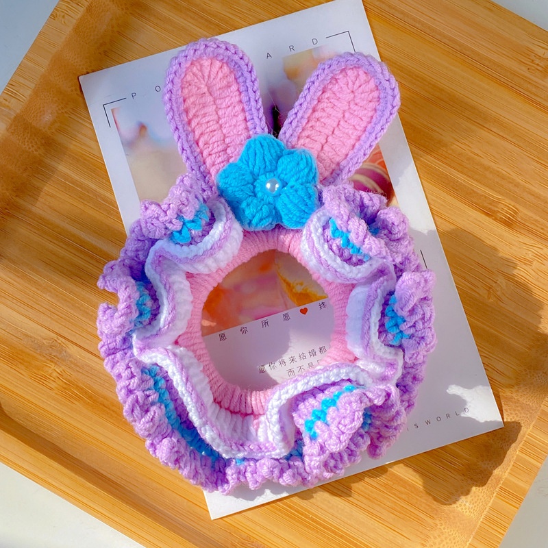 Women's Handmade Knitted Yarn Scrunchie Bellflower Bowknot Hair Tie