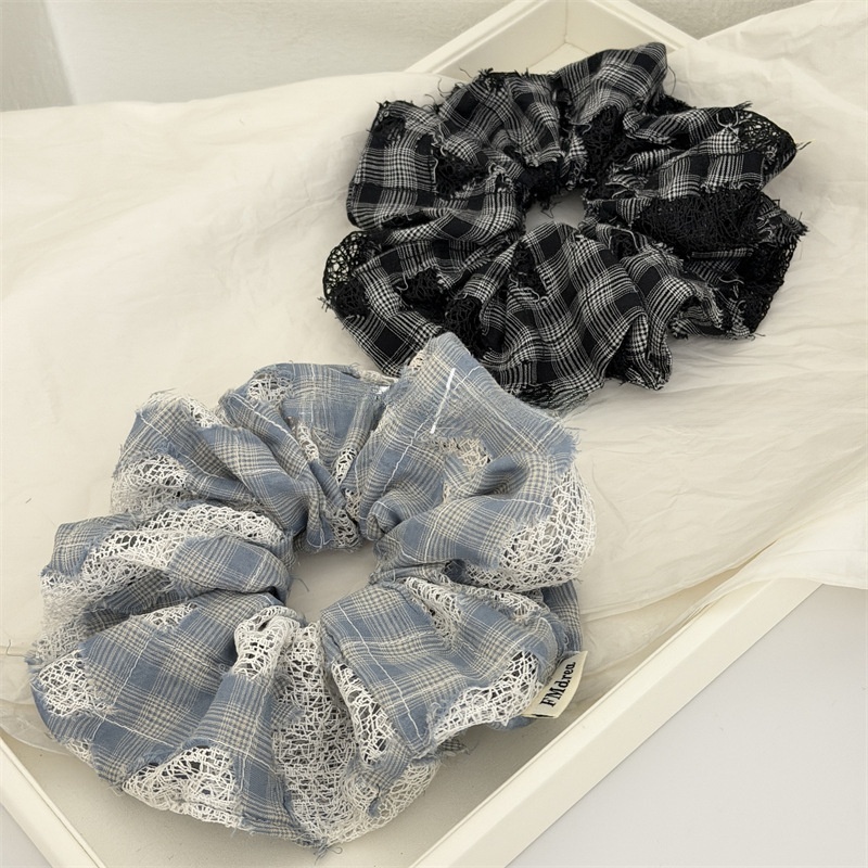 Women's Soft Cloth Spring Telephone Cord Hair Scrunchie Blue Plaid