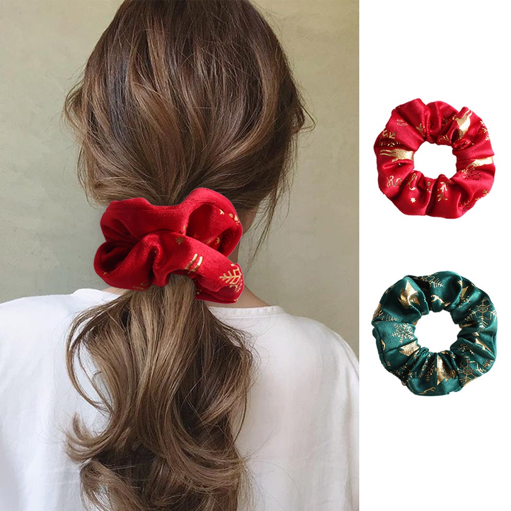 Women's Festive Christmas Bun Hair Tie Red Velvet Gold Embossed