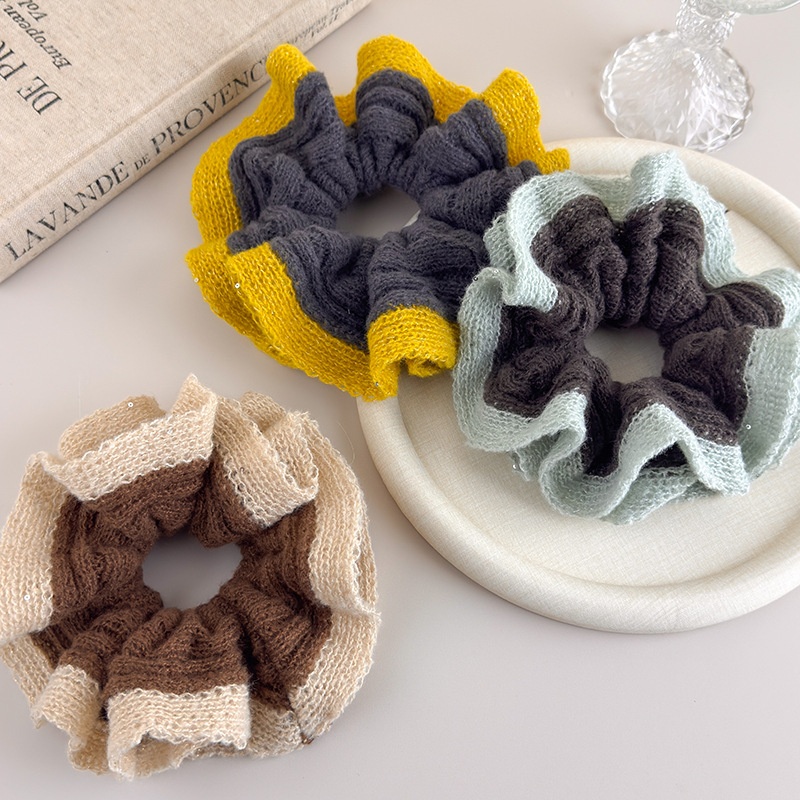 Women's Autumn Winter Knitted Scrunchie Ponytail Holder Color-Block