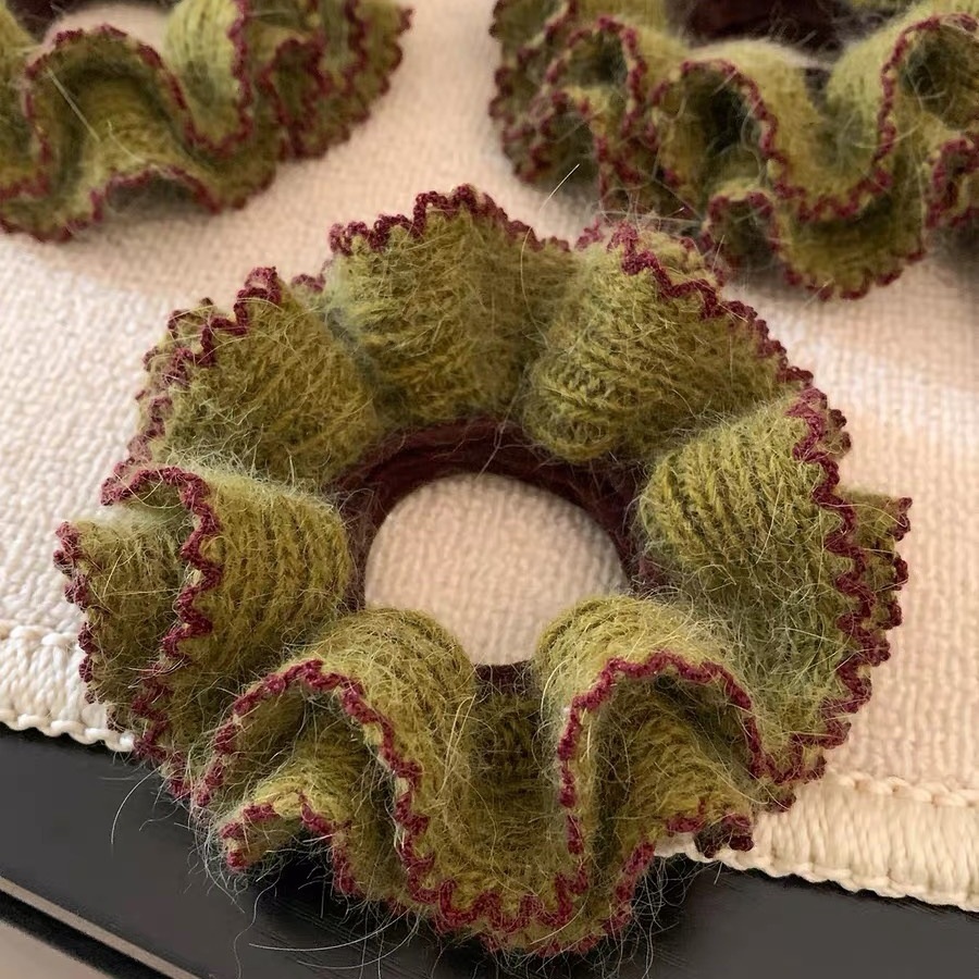 Women's Winter Knitted Woolen Hair Ties Double Layer Green Color Block