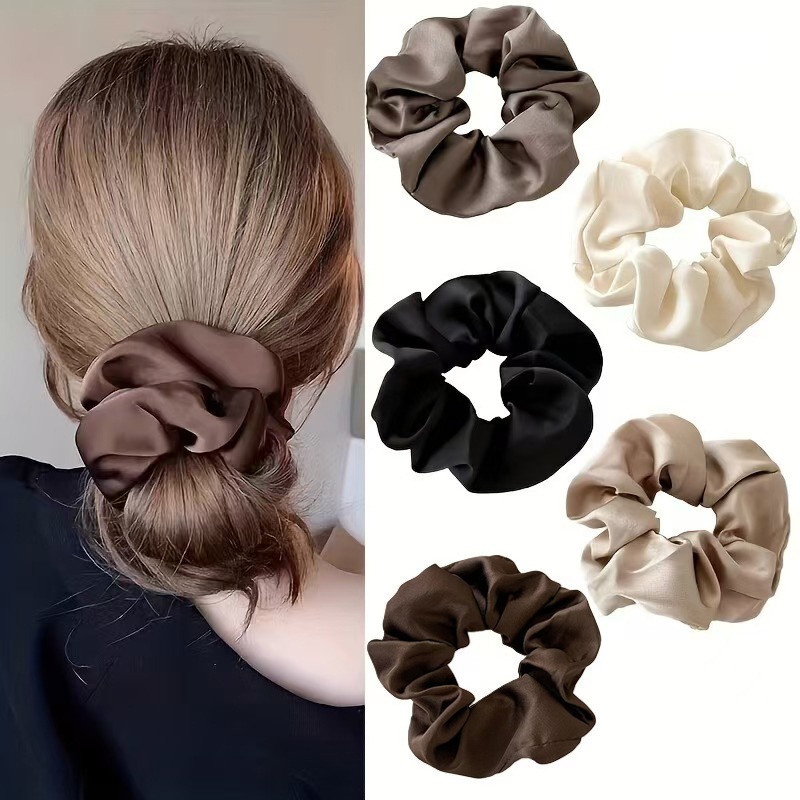 Women's 5pcs Handmade Satin Elastic Hair Scrunchies Autumn Maillard Brown