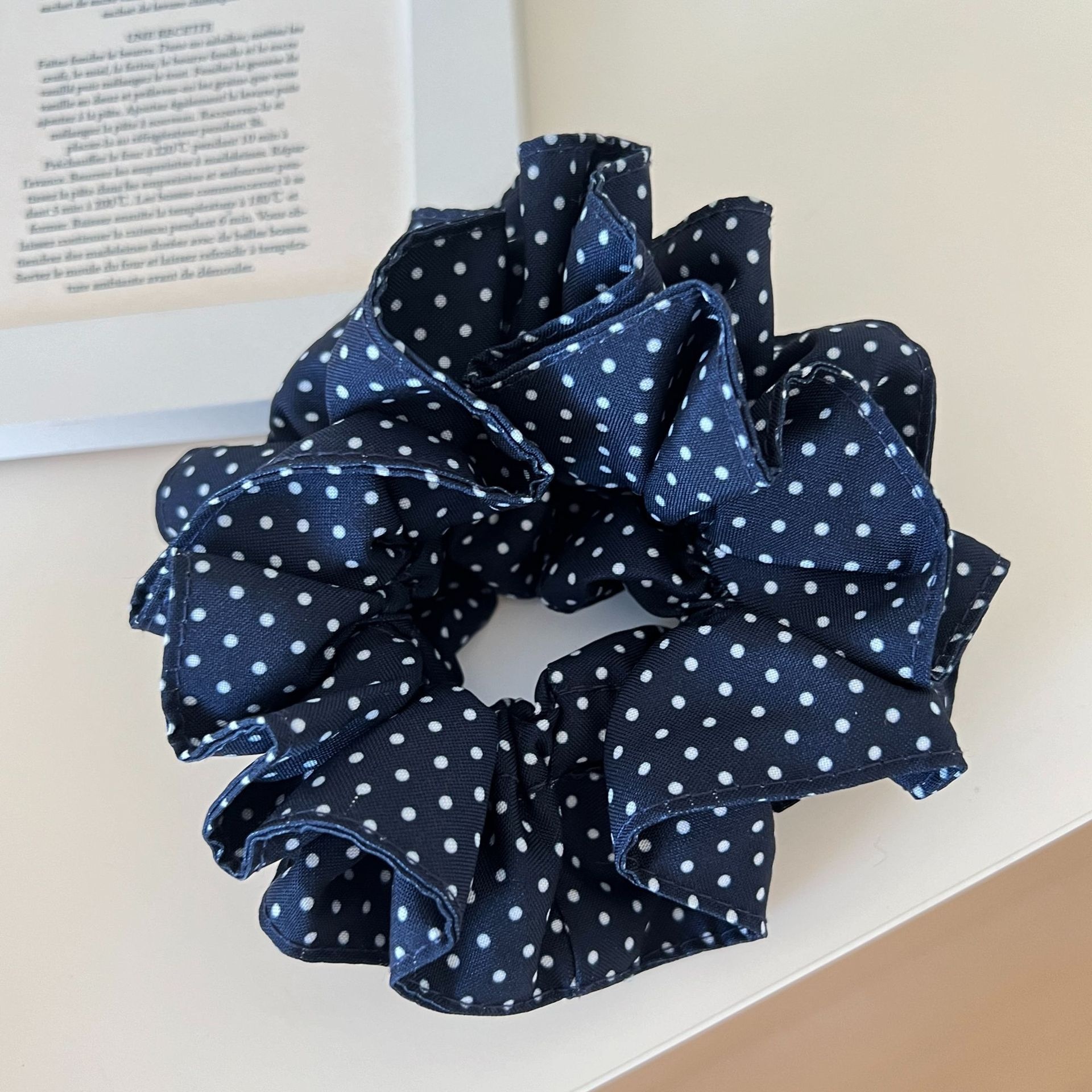 Women's Vintage Fabric Scrunchie Hair Tie for Daily Wear Navy Blue Polka Dot