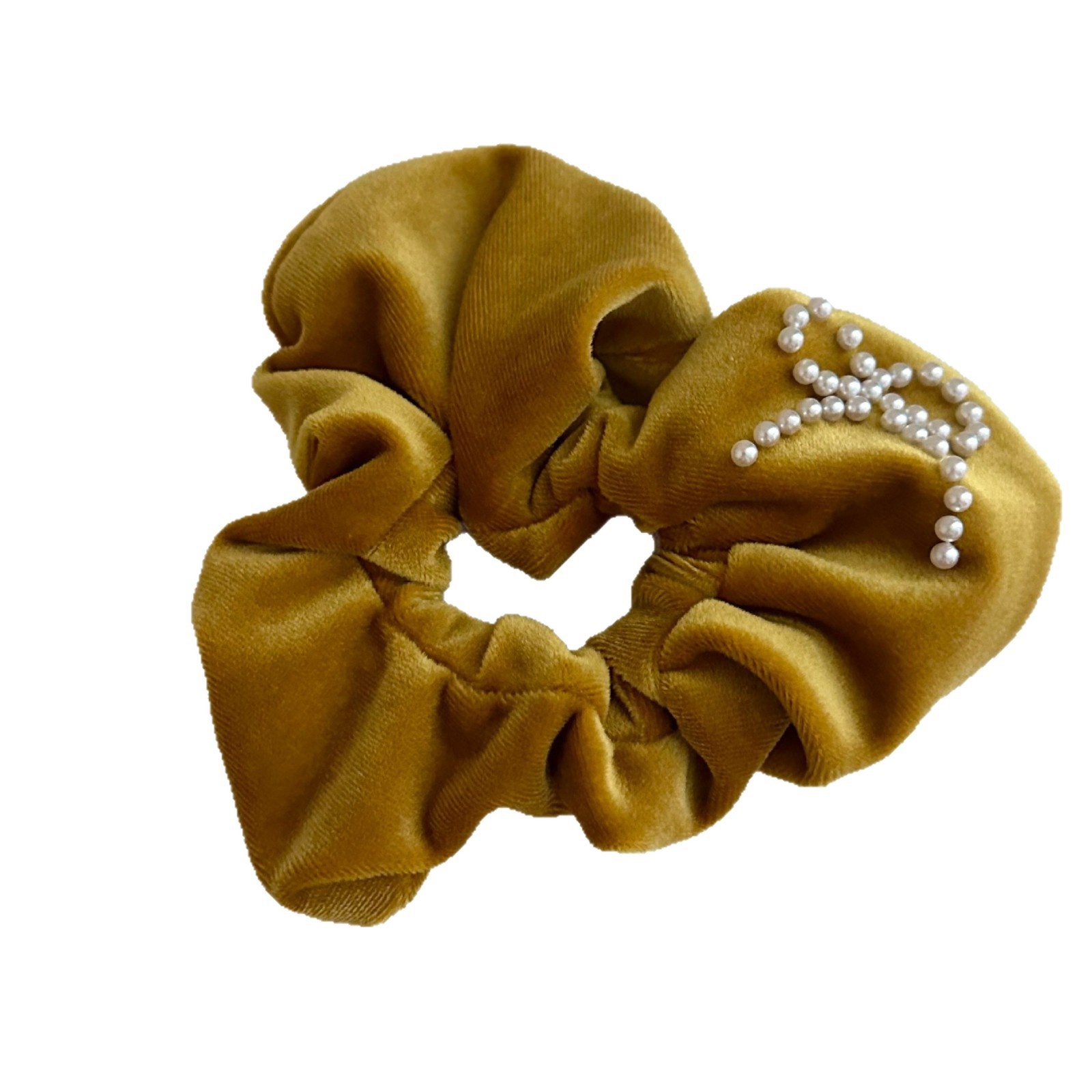Women's Soft Velvet Pearl Bow Scrunchie Ponytail Hair Tie Heart Pattern