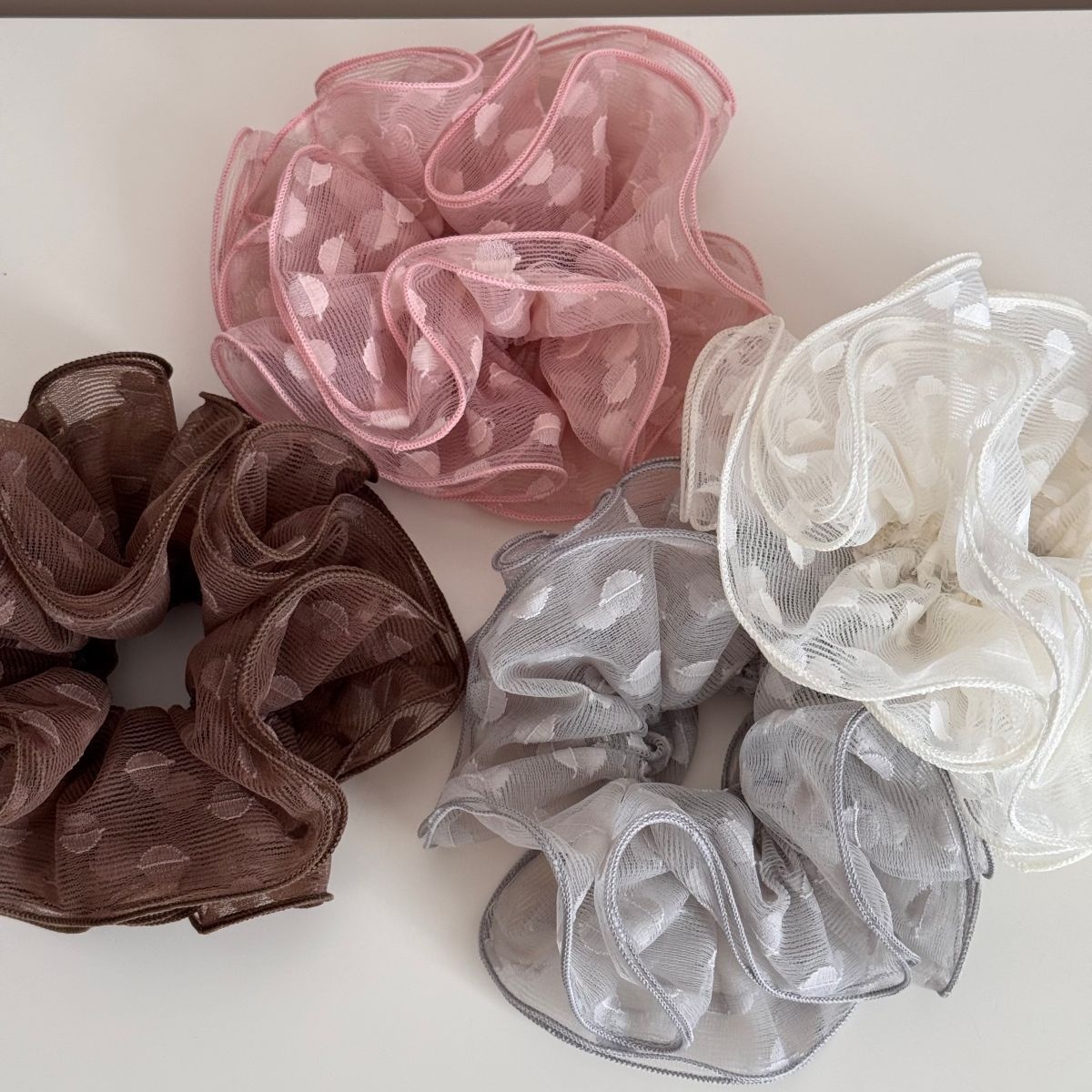 Women's Elegant Spring Soft Gauze Hair Tie Beige Polka Dots