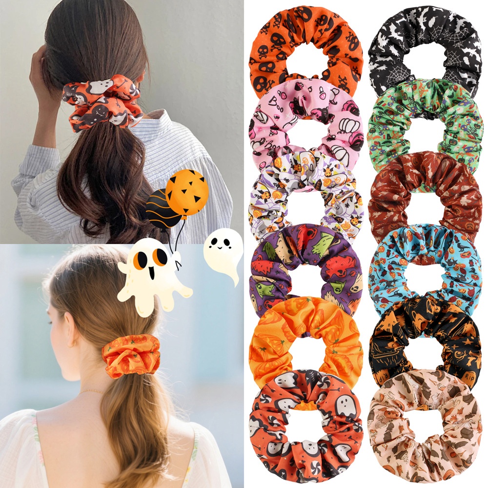 Women's Halloween Skeleton Pumpkin Hair Ties Large Skull Fabric Headwear