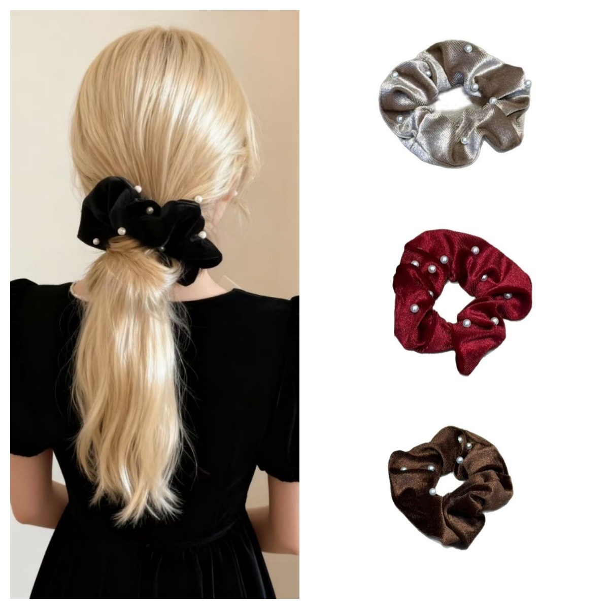 Women Girls Winter Pearl Velvet Low Bun Hair Bands Solid Color
