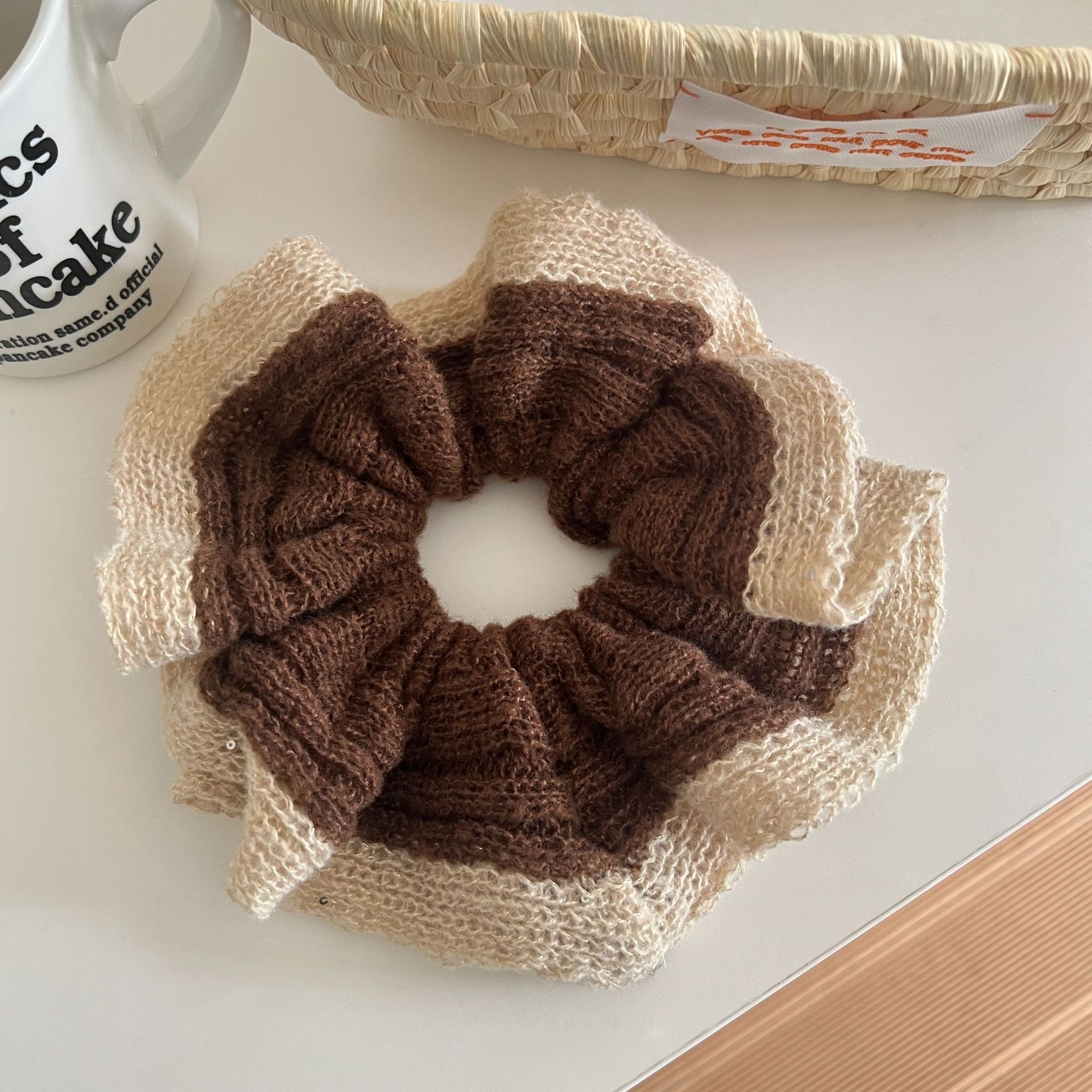 Women's Autumn Winter Knit Wool Yarn Hair Tie Round Scrunchie Blue