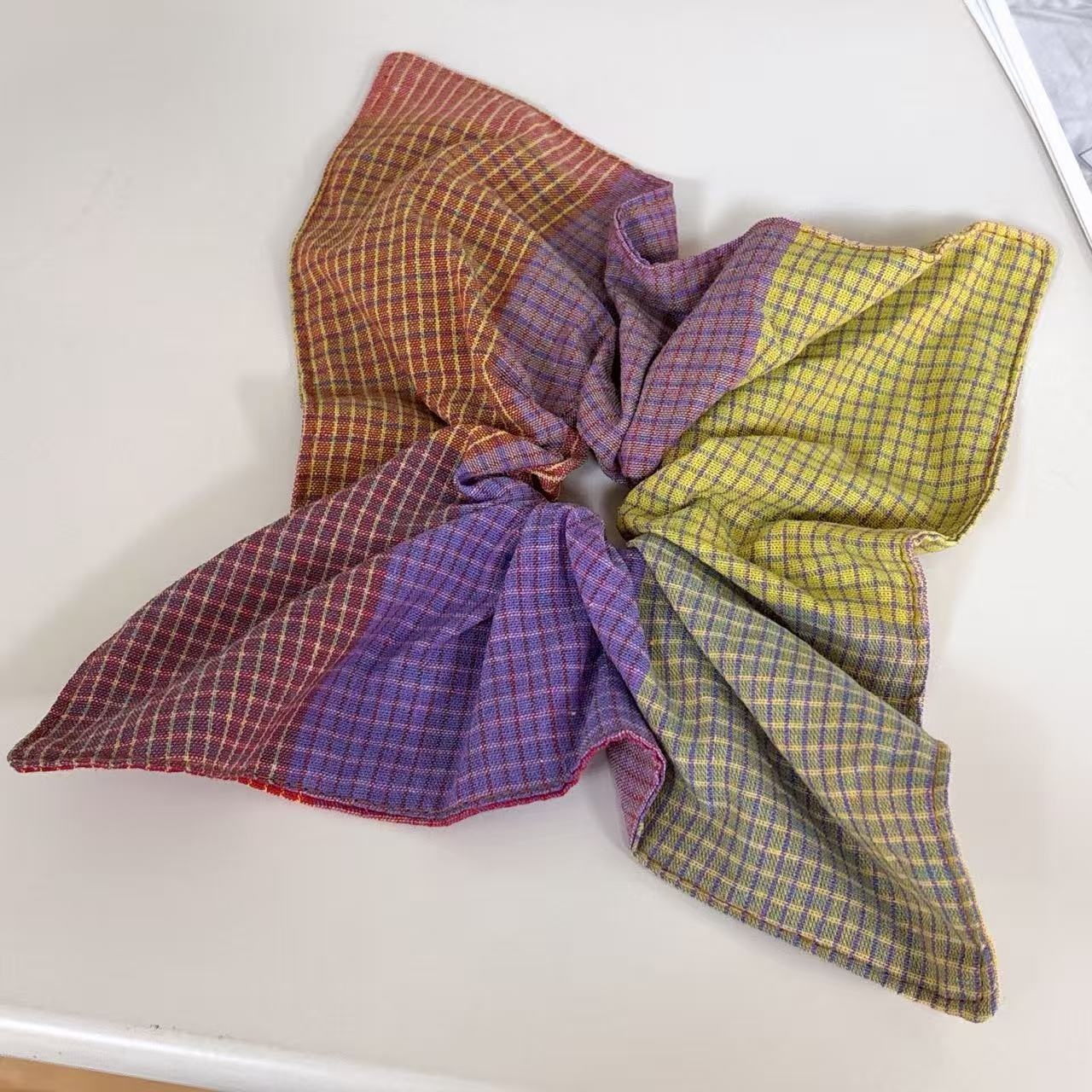 Women's Fabric Scarf Ponytail Hair Tie Artistic Red Purple Plaid