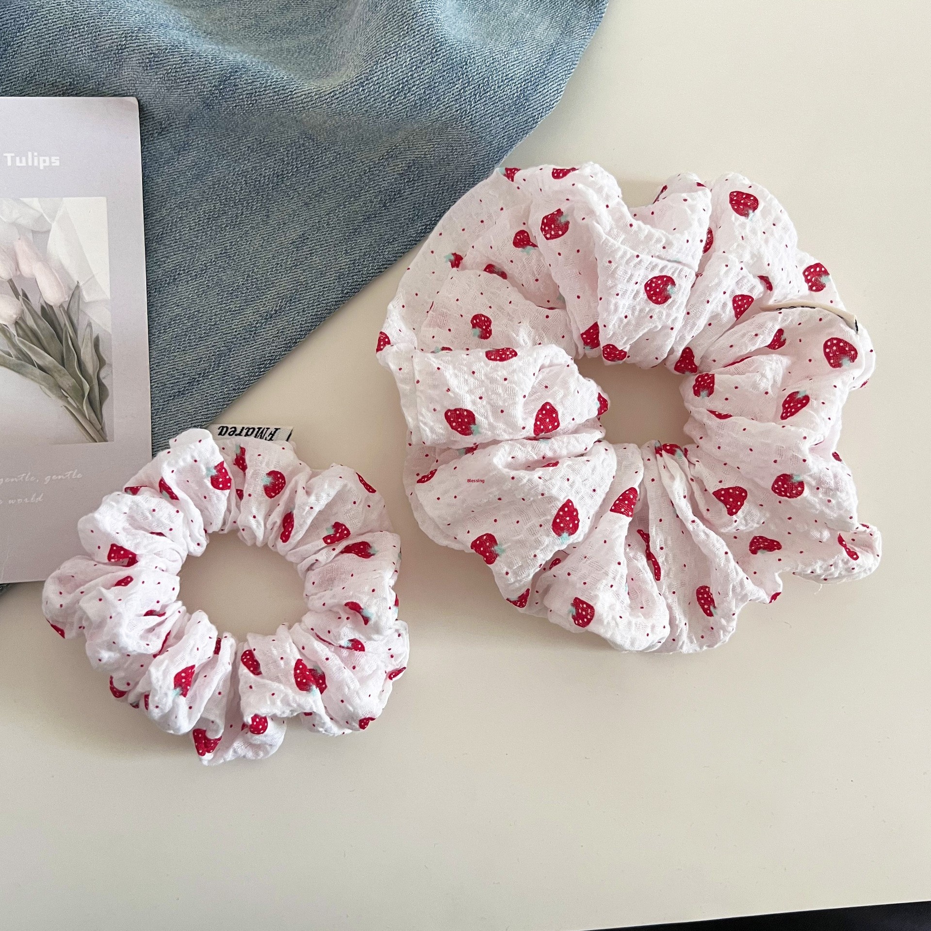 Women's Summer Cloth Ruched Bun Hair Scrunchie Strawberry Polka Dots