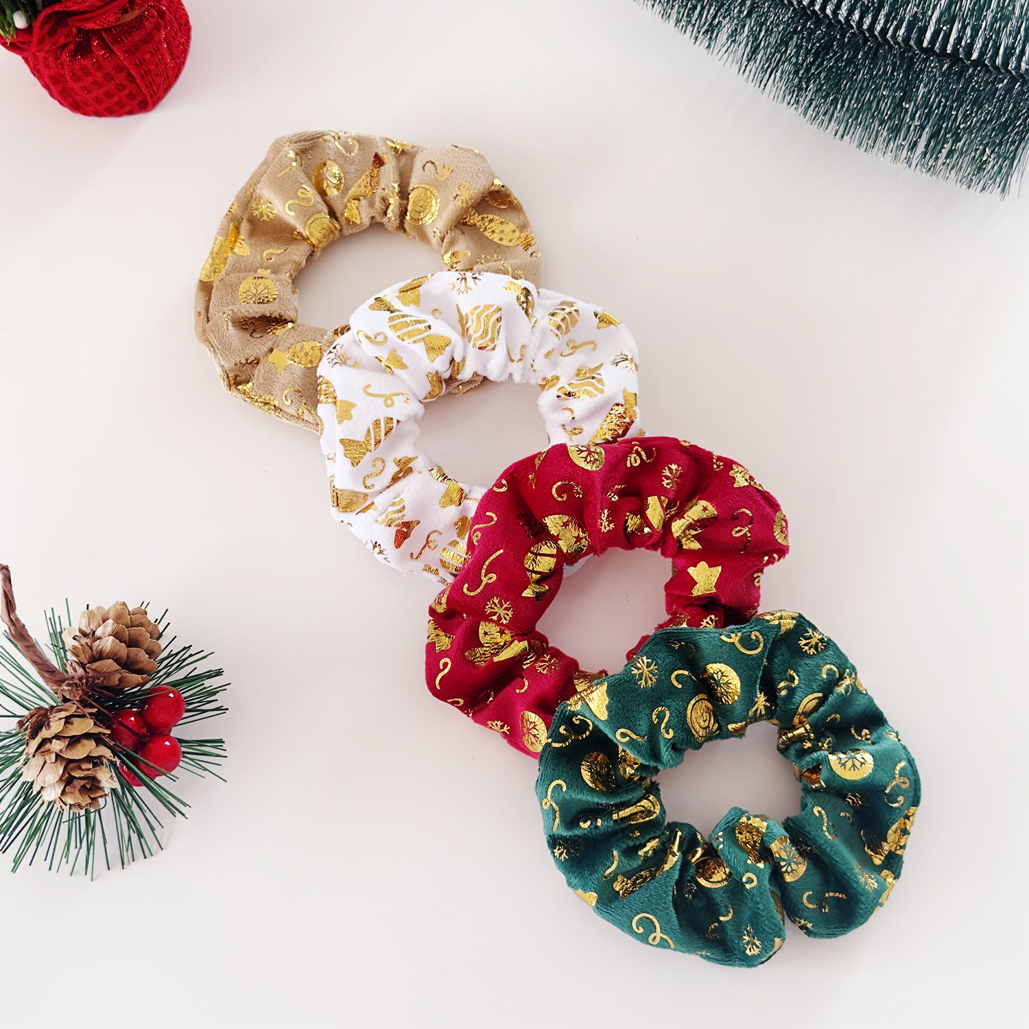 Women's Festive Velvet Hair Scrunchies Gold Embossed Christmas Tree