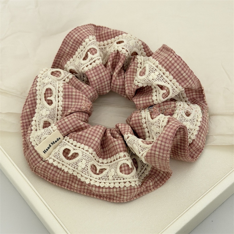 Women's Summer Cloth Hair Scrunchies Pink Plaid Lace Patchwork