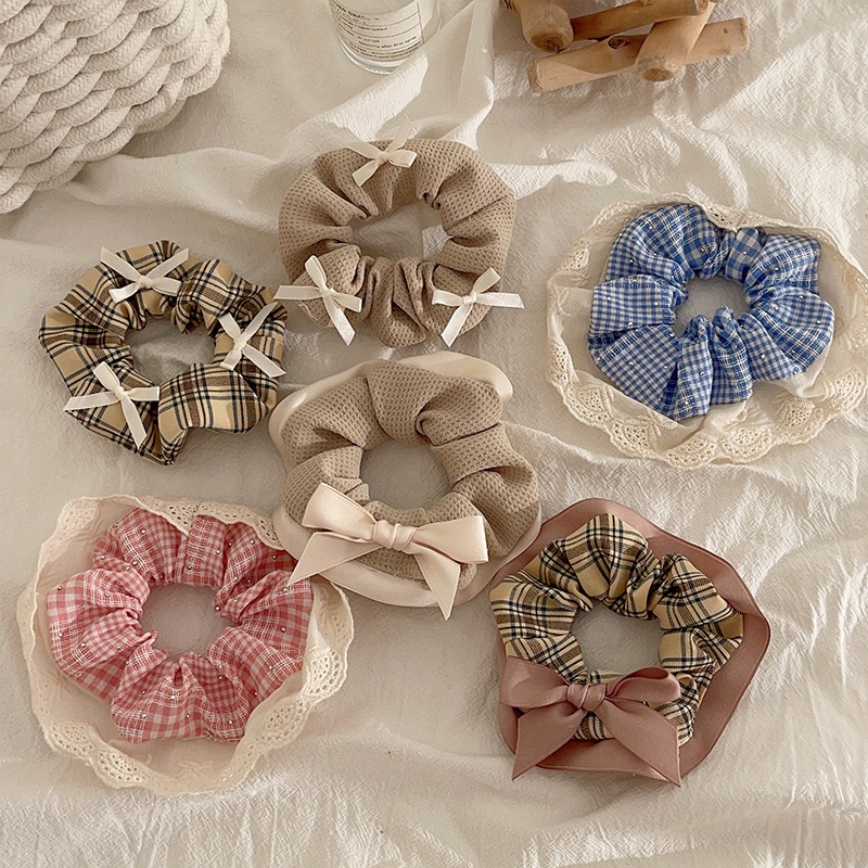 Women's Daily Rib-Knit Lace Rivet Hair Tie Sweet Plaid Bow Knot