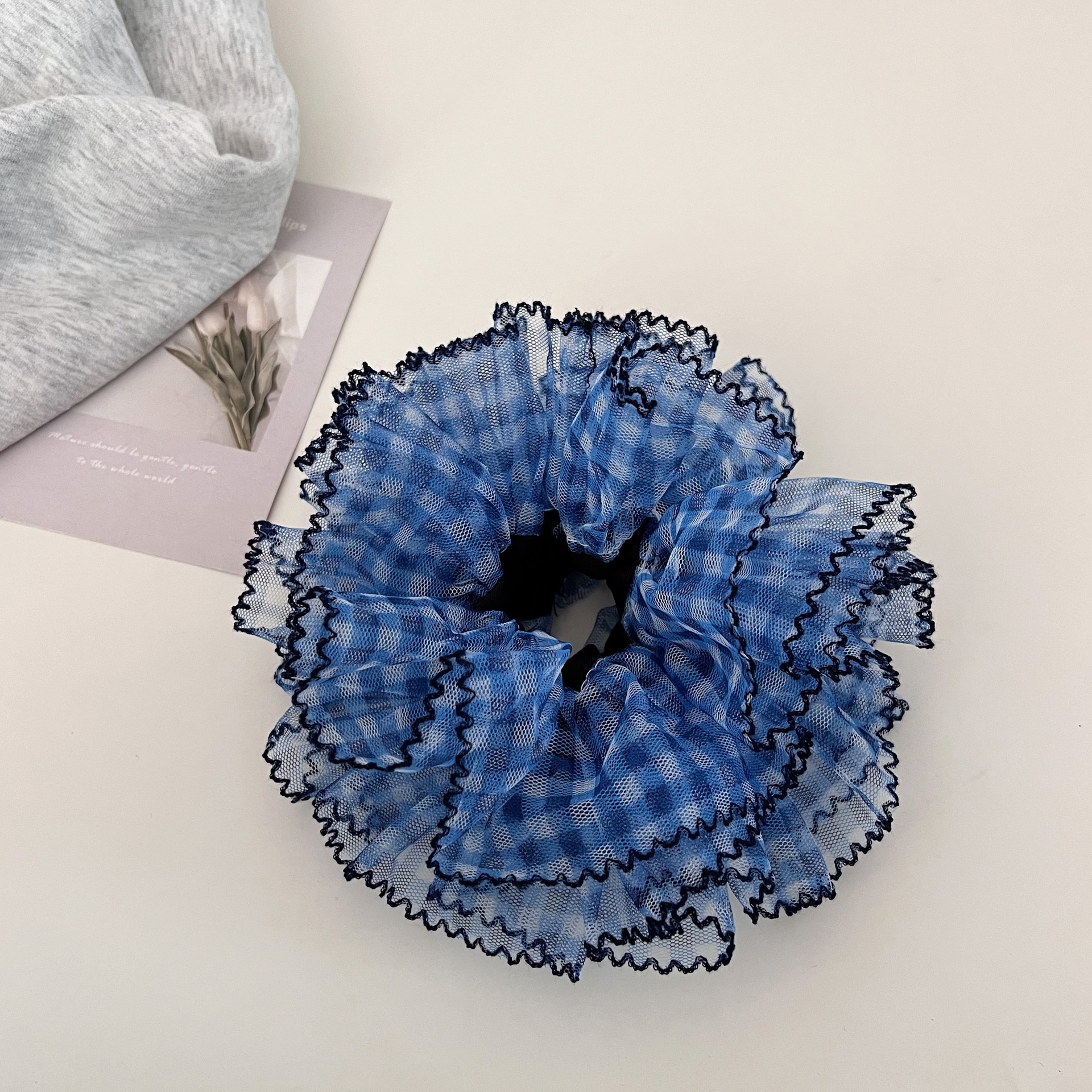 Women's Stylish Gauze Hair Accessories Scrunchies Blue Checkered Plaid