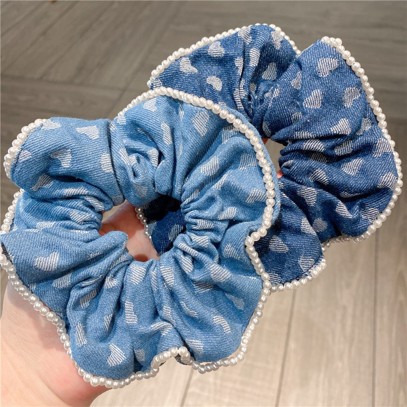 Women Sweet Ponytail Hair Bands Retro Denim Pearl Heart
