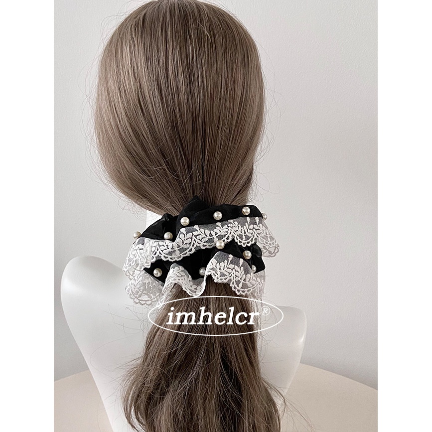 Women's Elegant Pearl Organza Spring Hair Scrunchie Black White Lace
