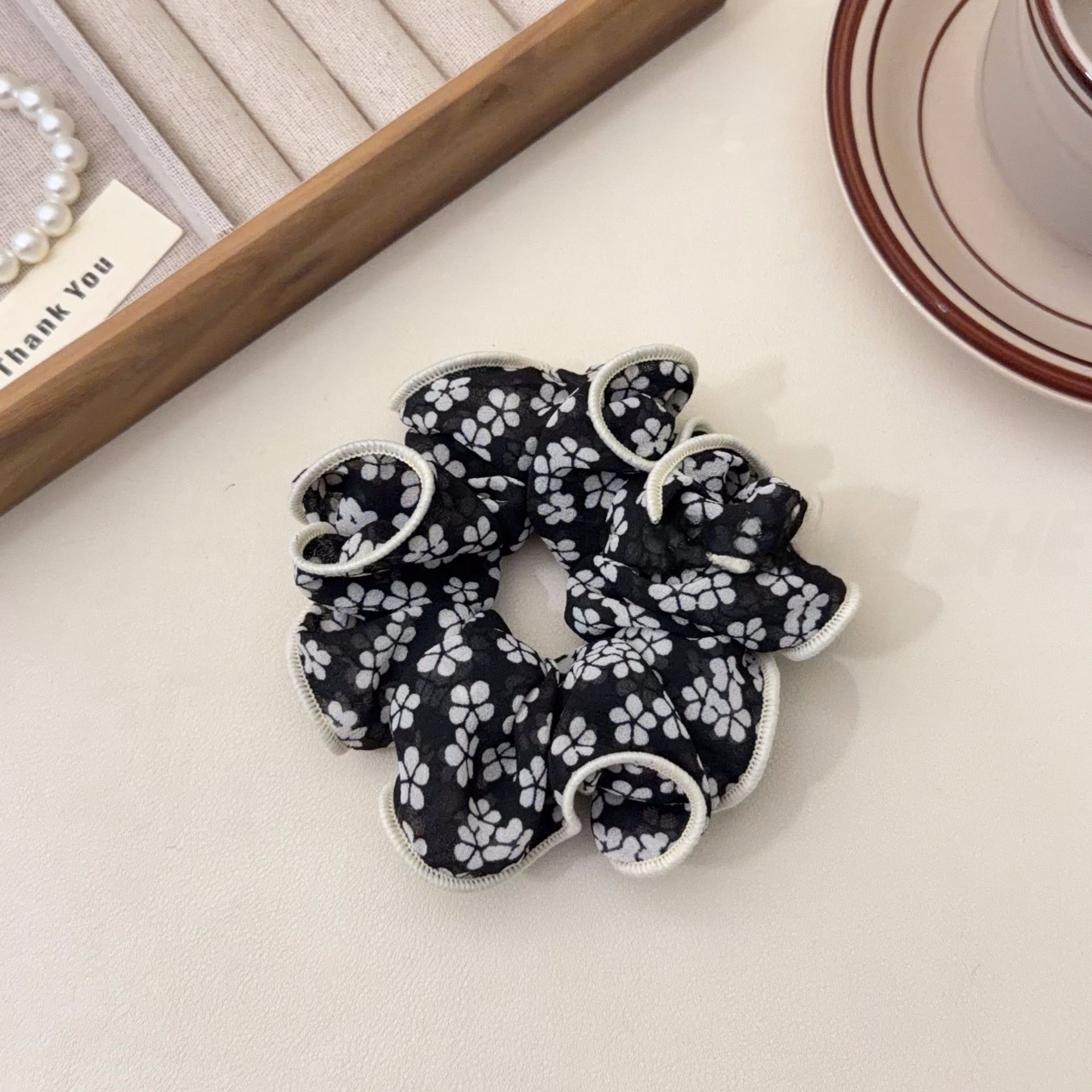 Women's Spring Summer French Style Cloth Hair Tie Black Ditsy Floral