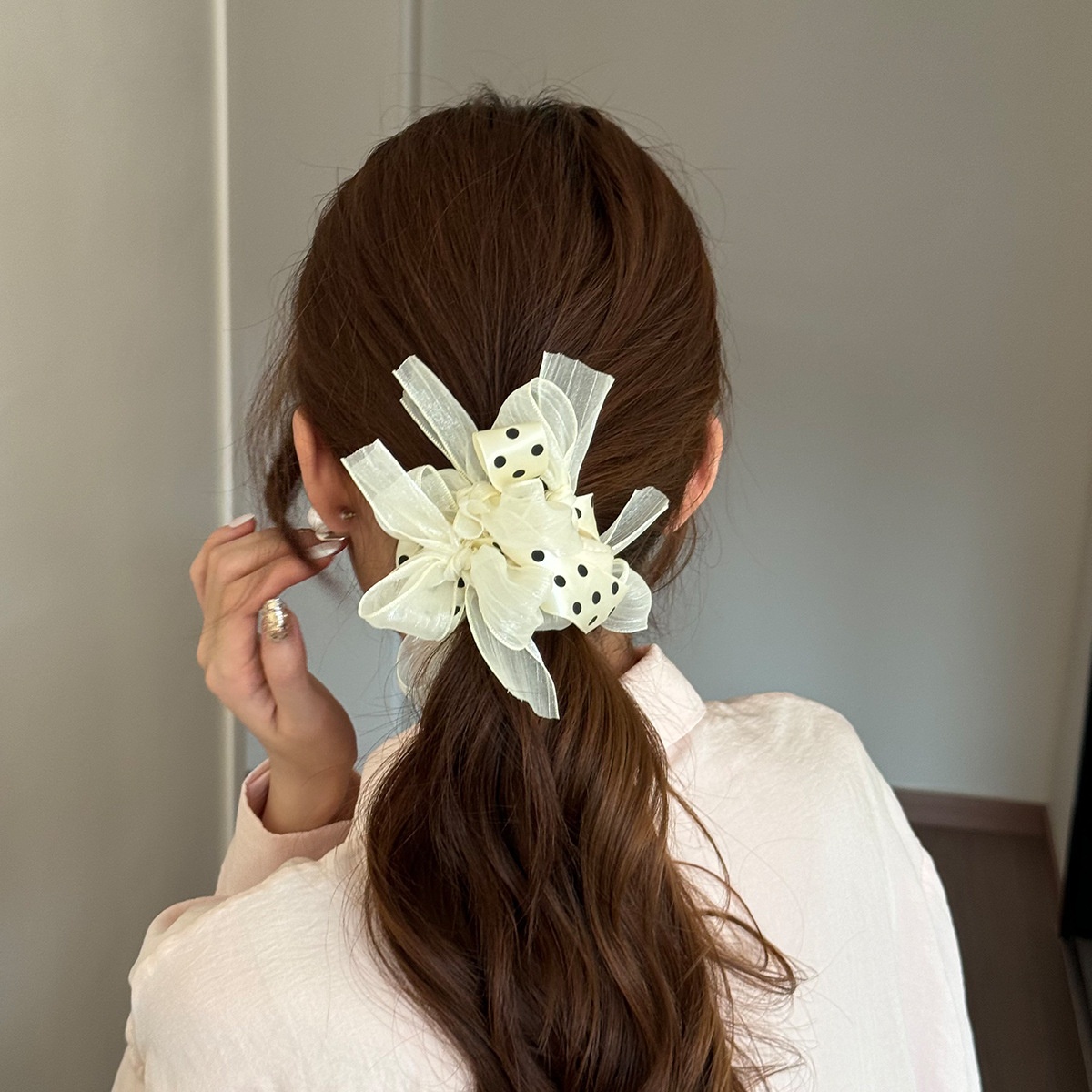 Women's Spring Polyester Bow Knot Hair Tie Accessory, Black Polka Dots