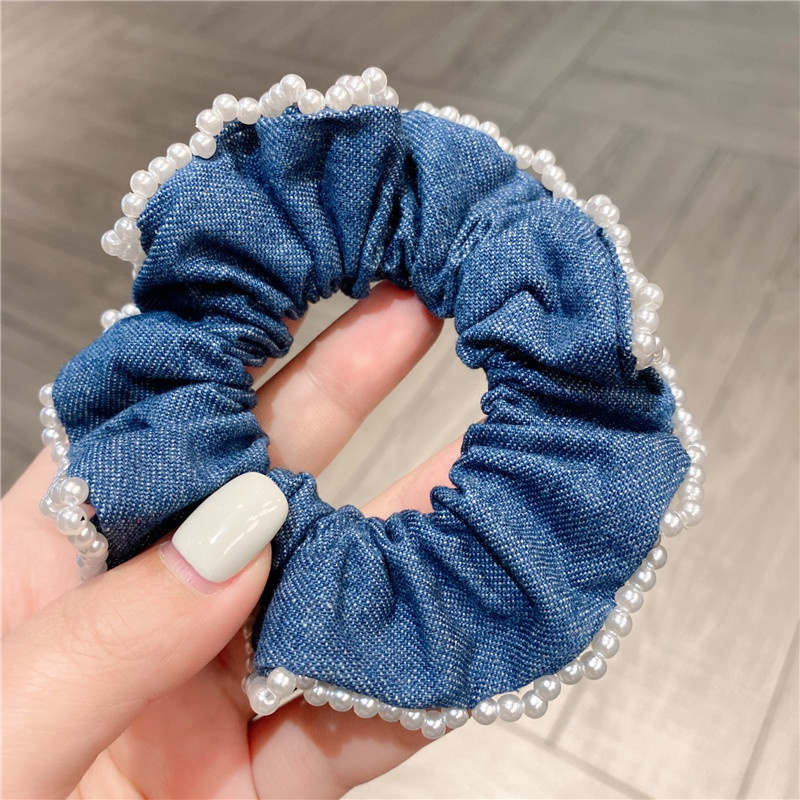 Women's Elegant Ponytail Hair Tie Blue Denim Hand Sewn Pearls