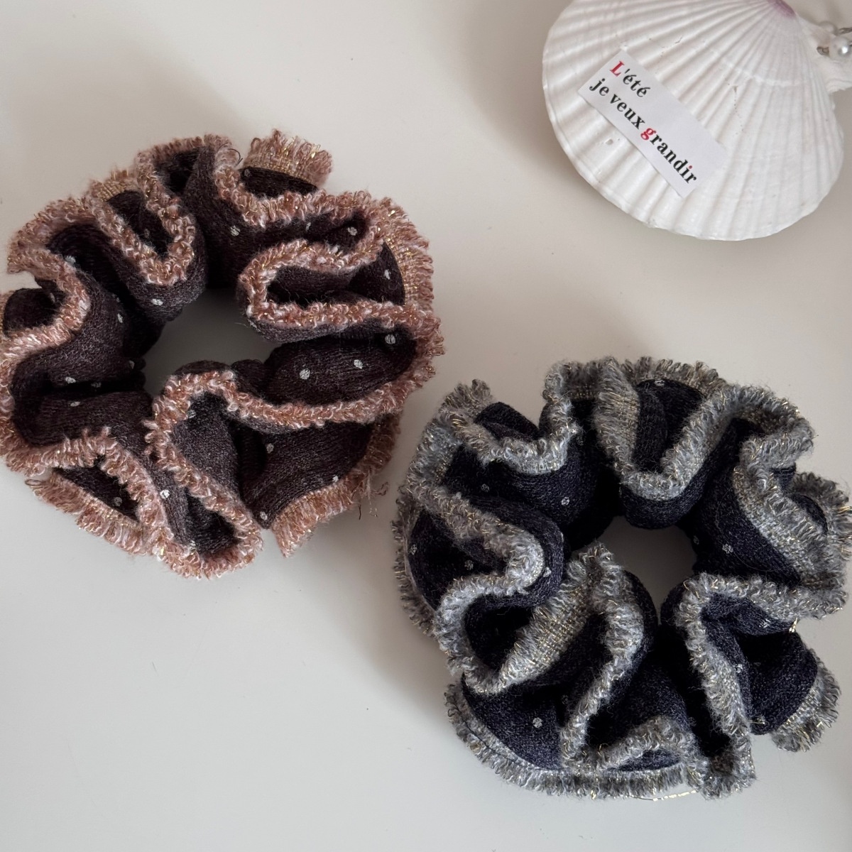 Women's Winter Cozy Plush Knit Hair Tie With Coffee Polka Dots