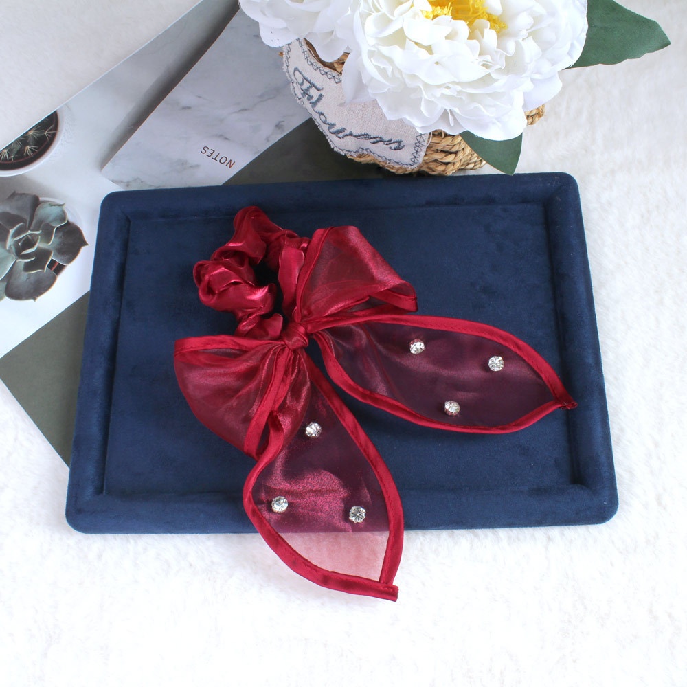 Women's Summer Fairy Gauze Rhinestone Ponytail Hair Tie Wine Red Bowknot