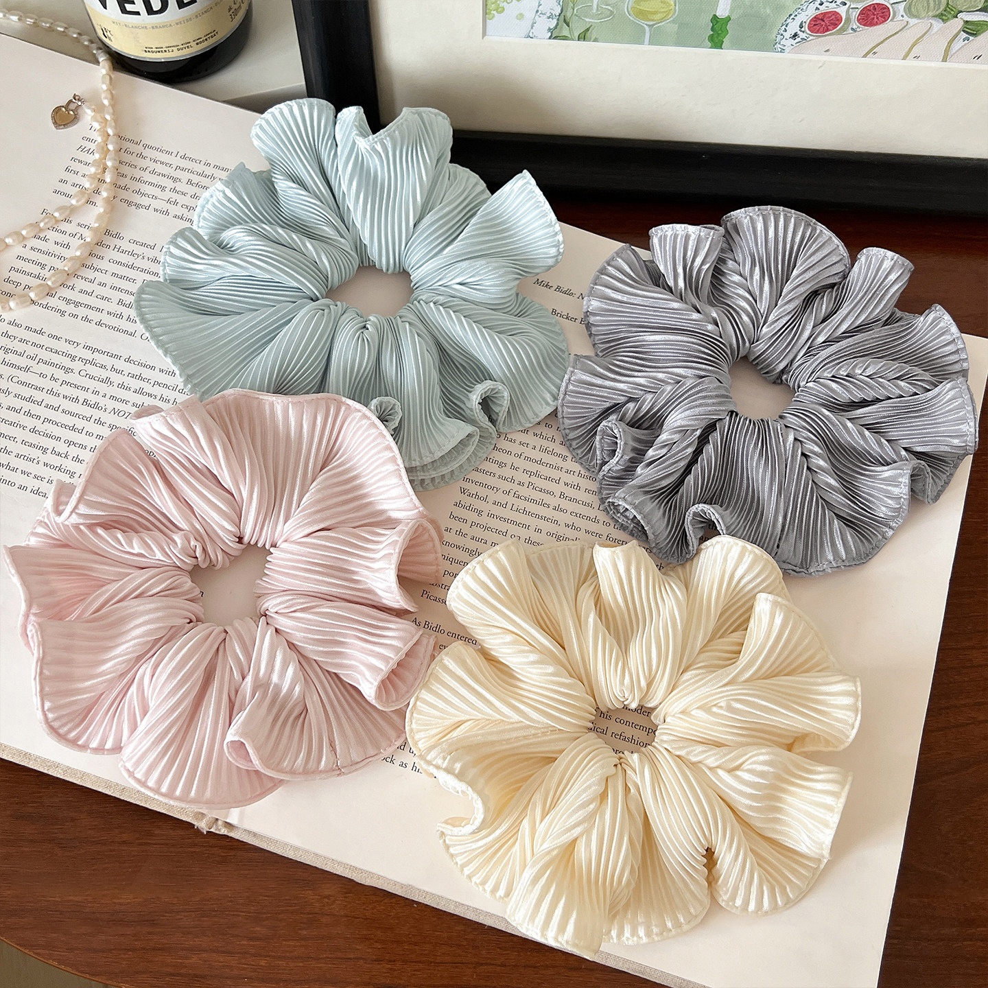 Women's Spring Everyday Cloth Hair Tie Scrunchie Grey Striped
