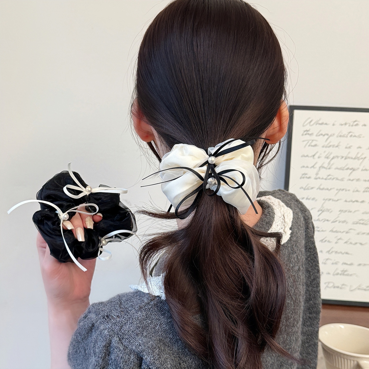 Women's French Style Elegant Spring Lace Bowknot Hair Tie Black