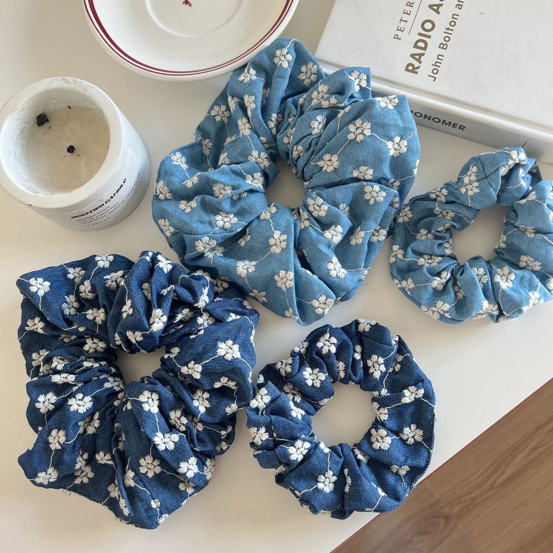 Women's Large Denim Blue Rose Flower Hair Tie Elegant Elastic Cloth Hair Band