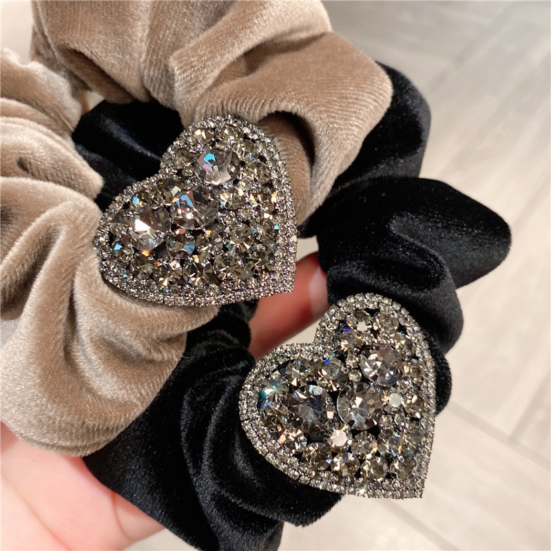 Ladies Velvet Lazy Low Bun Hairband Rhinestone Heart Bow Khaki Black