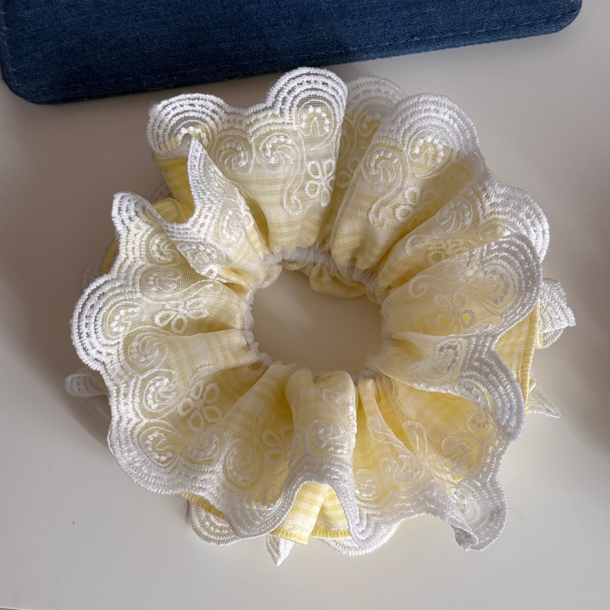 Women's Stylish Cloth Hair Tie Ponytail Holder Blue Yellow Plaid Lace