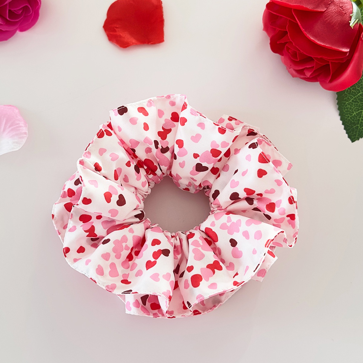 Women's Double Layer Cloth Hair Scrunchie Valentine Heart Lip Pattern