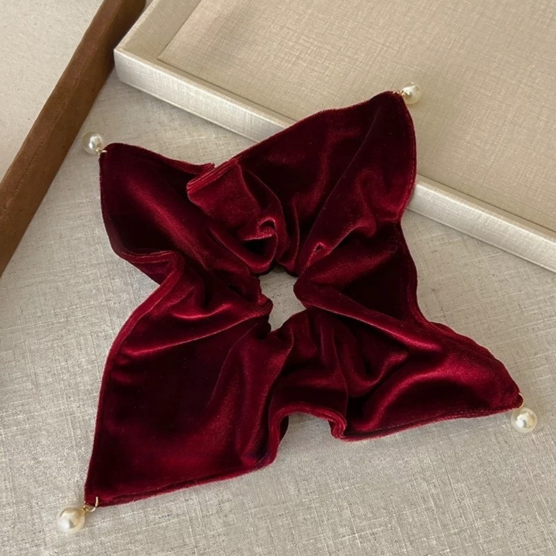 Women Pearl Velvet Scarf Hair Tie Braid Accessory Solid Color