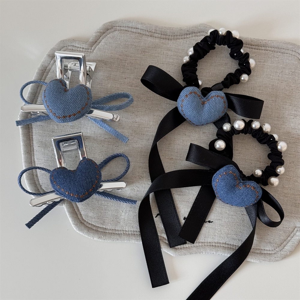 Women's Retro Denim Hair Tie Summer Accessory Pearl Heart Bow Knot