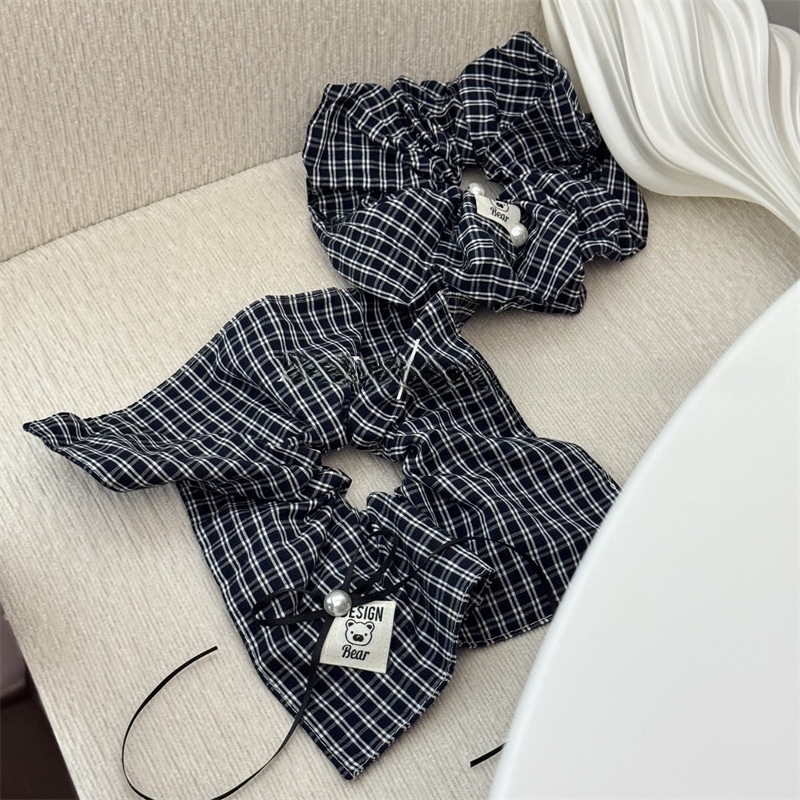 Women's Preppy Pearl Cloth Hair Scrunchies Navy Blue Checkered Plaid Pattern