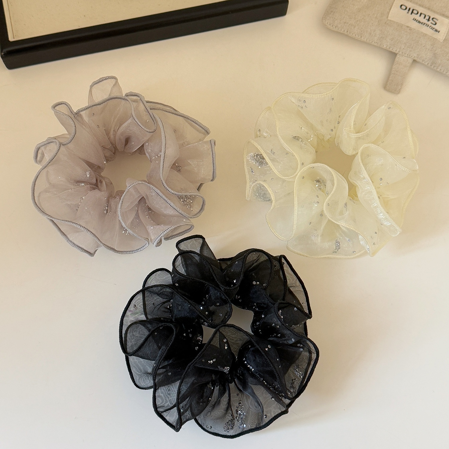 Women's Summer Rhinestone Gauze Floral Hair Tie Black Lilac Yellow