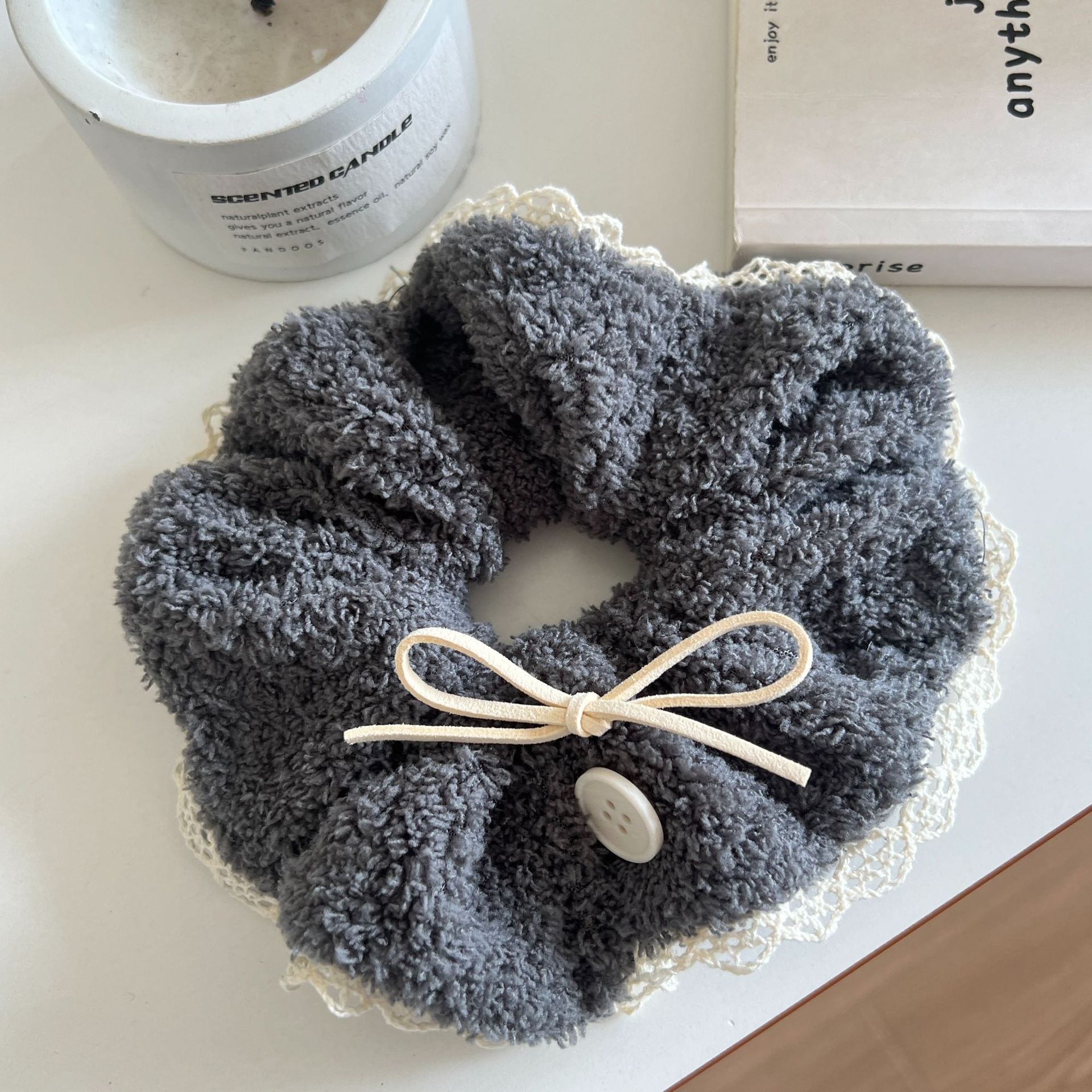 Women's Autumn Winter Fluffy Lace Trim Elastic Scrunchie Sweet Bowknot