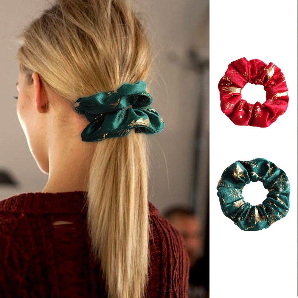 Women's Festive Christmas Bun Hair Tie Red Velvet Gold Embossed
