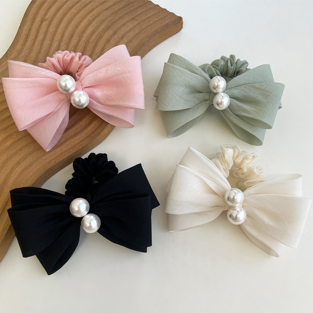 Women's French Pearl Bowknot Hair Ties Elegant Rose Cloth Elastic Band