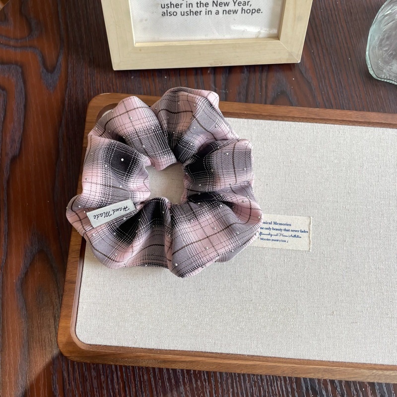 Women's Rhinestone Mesh Low Bun Bow Hair Tie Plaid White Pink Black